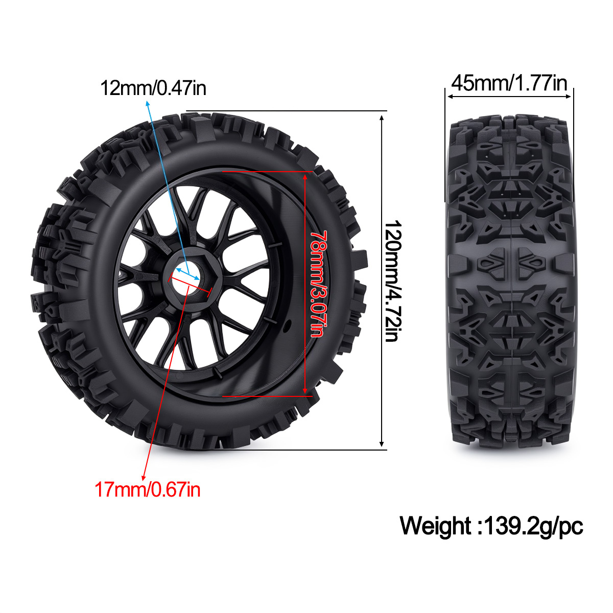 120MM Off-Road RC Tires 17mm H - Rc Hobby Trucks 评论和价格